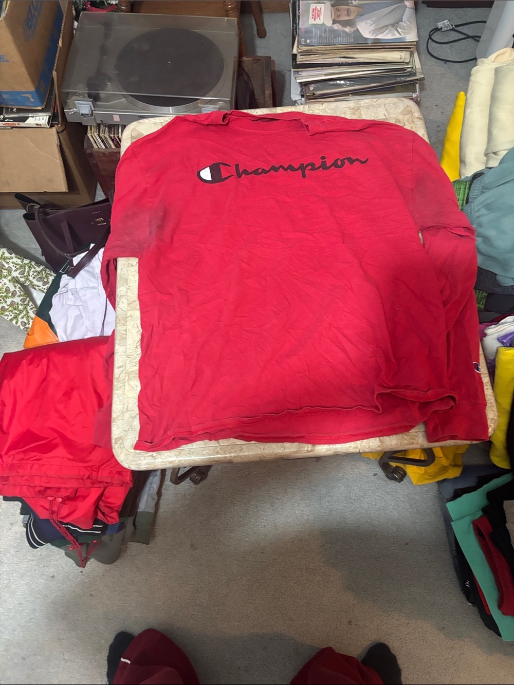 Champion Red Long Sleeve Script Logo Tee